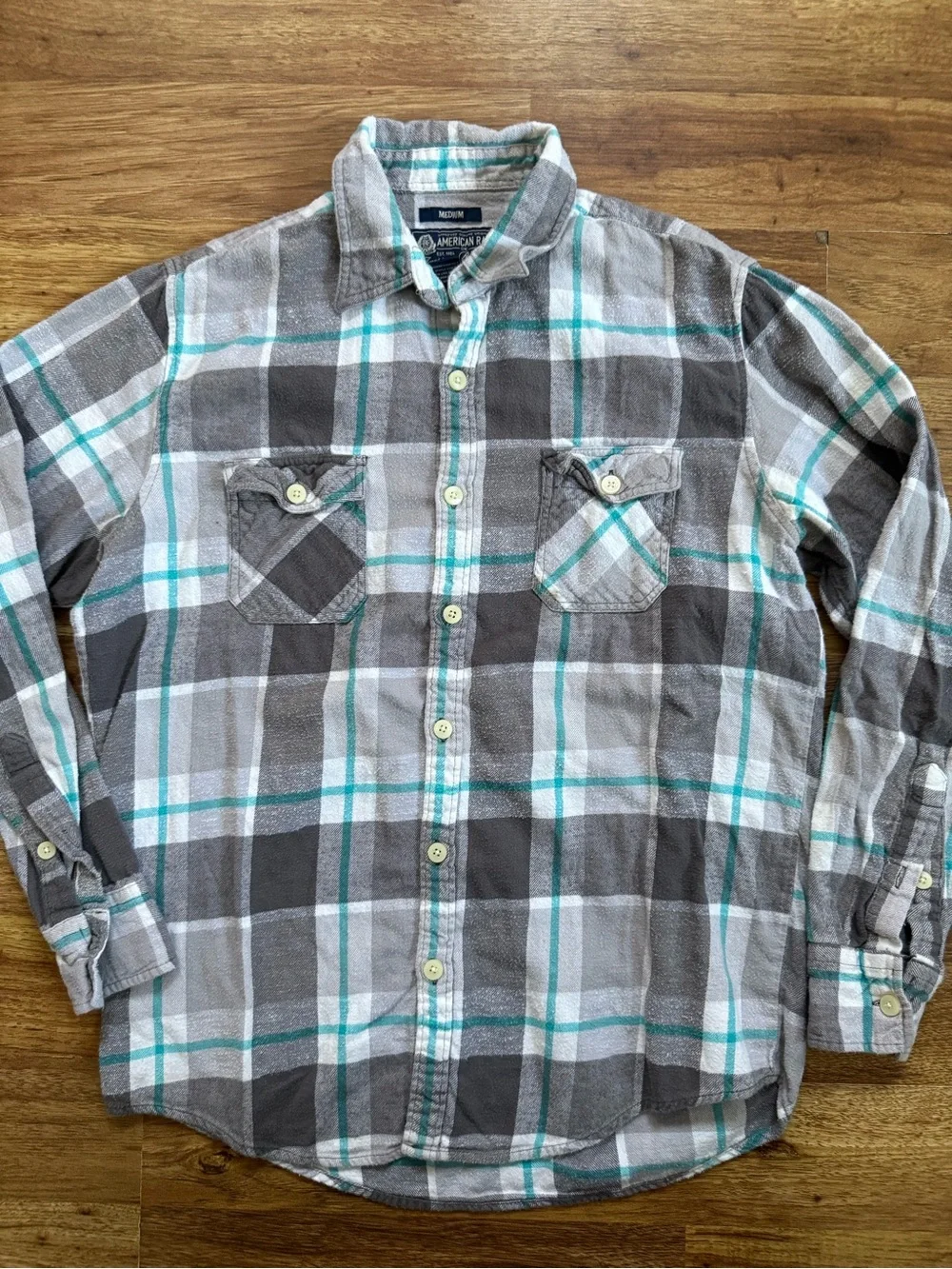 American Rag Gray, White & Teal Plaid Button-Down Shirt